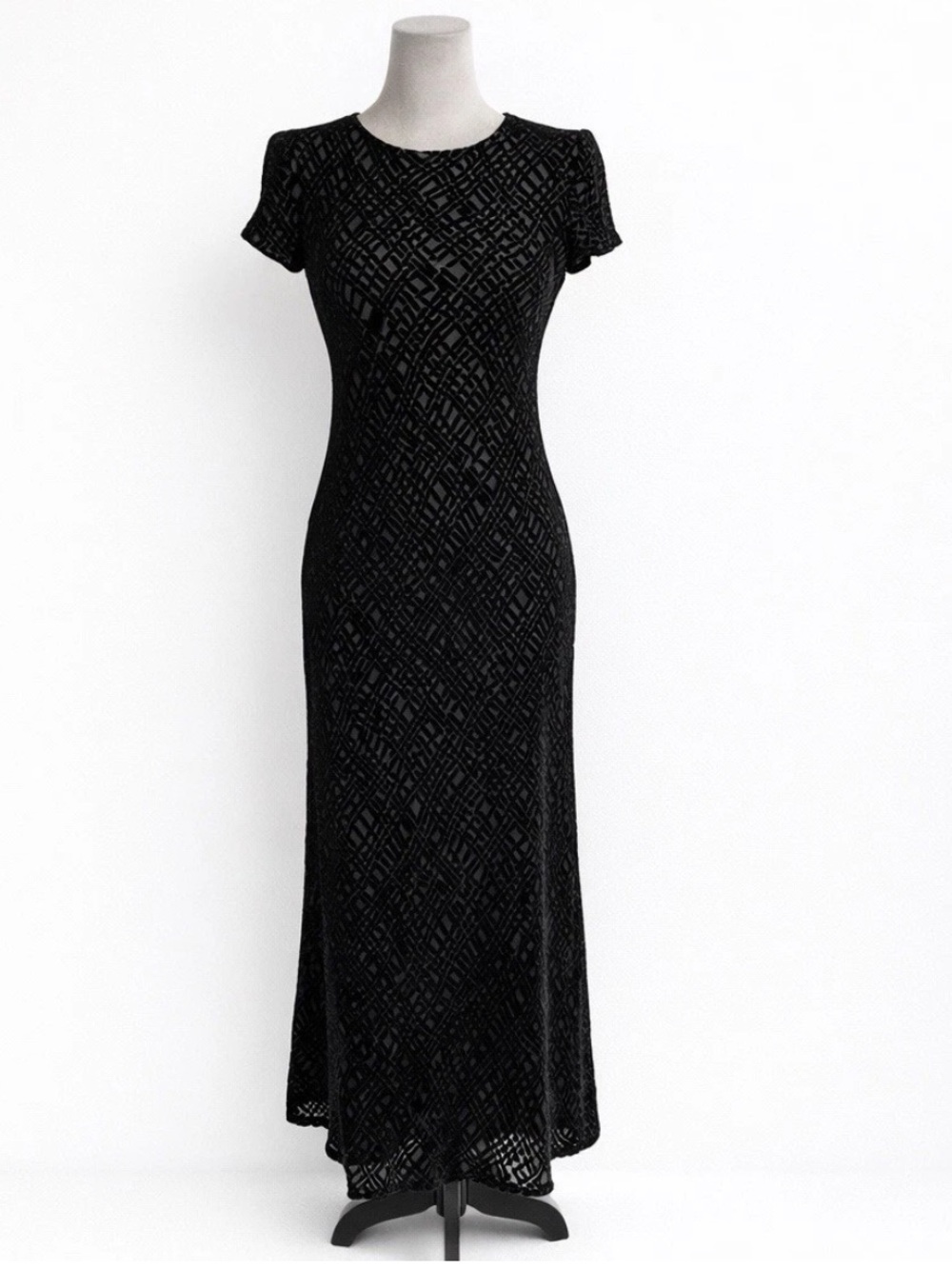 Y2K Black Velvet Burnout Maxi Dress M Sheer Geometric Goth Whimsigoth Made USA
